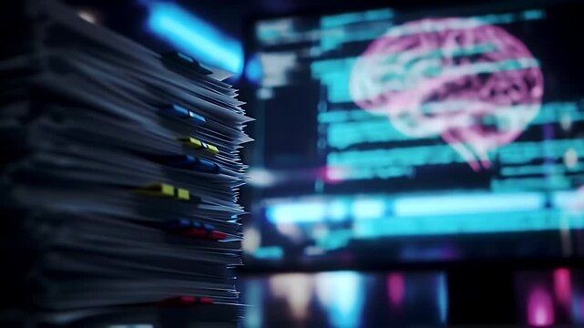 Pile of Legal Documents Stacked High with Brain Scan Background in Dark Room - Powered by Adobe
