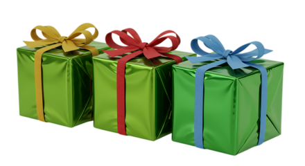 Three vibrant green gift boxes with colorful ribbons and bows are neatly arranged and isolated on a white background isolated on white background