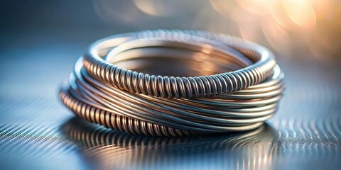 Intricate Metal Rings Arranged in a Stacked Formation on a Reflective Surface