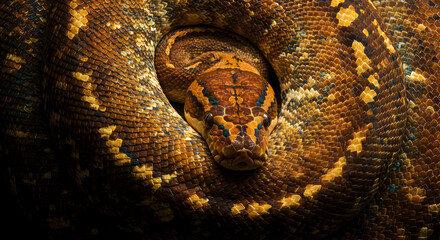 Fototapeta premium A mesmerizing reticulated python coils itself in a stunning display of natural beauty, showcasing intricate scales and patterns.