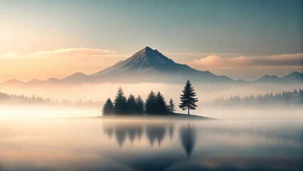 Serene Sunrise Over Misty Lake and Mountain Range with Silhouetted Trees on a Small Island