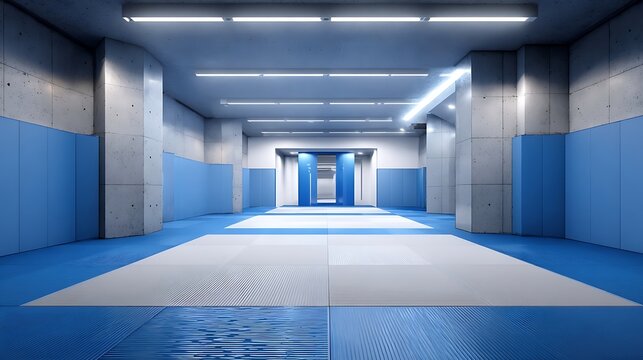 Interior view of a modern martial arts training hall with blue and white mats, padded walls, and excellent lighting system suitable for judo or jiu-jitsu.