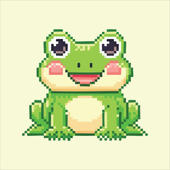 Charming pixel art of a happy green frog. A cute kawaii amphibian character with a friendly smile, created in a nostalgic 8-bit retro video game style.