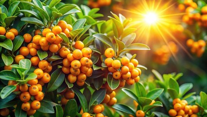 Luminous Sunbeams Illuminate a Bountiful Harvest of Golden Berries on Lush Green Foliage