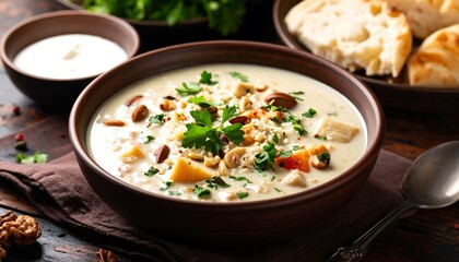 Bolani soup with cut flatbread ready to be served