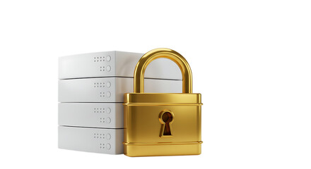 Fototapeta premium Golden padlock securing a stack of white boxes representing data or information security isolated on white background