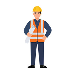 Three construction workers, one woman and two men, wearing safety gear, examine a building blueprint.