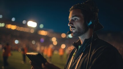 Medium shot of a lead drone operator concentrating on a tablet with outoffocus volunteers rehearsing illuminated routines in the background for a halftime light spectacle.