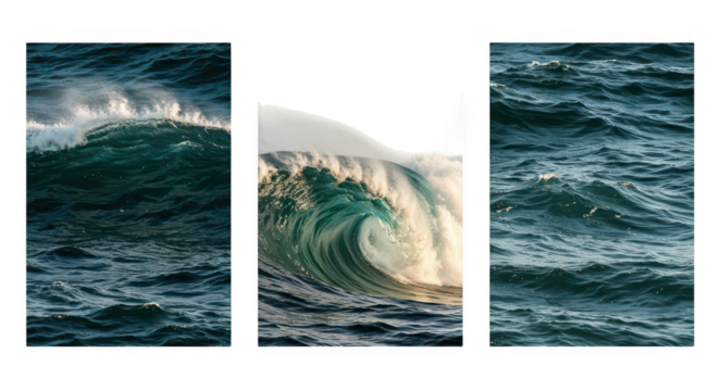 Ocean's Majestic Canvas: An awe-inspiring collection captures the raw, untamed power and ethereal beauty of the ocean. The mesmerizing dance of cresting waves is framed in three separate panels.