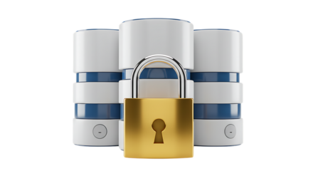 Golden padlock securing a stack of cylindrical objects with blue and white bands isolated on white background