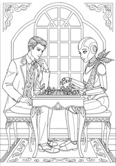 A young man is playing chess with a robot. coloring book