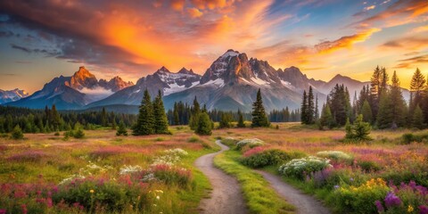 Serene Sunset Vista A Winding Path Through a Wildflower Meadow Leads to Majestic Mountains Bathed in Golden Hour Light