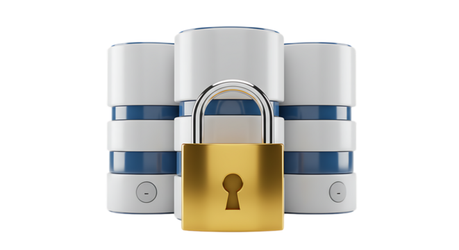 Golden padlock securing a stack of cylindrical objects with blue and white bands isolated on white background