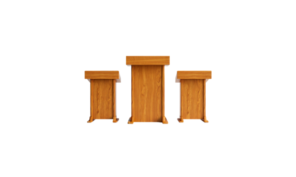 Three wooden podiums of varying sizes for public speaking events and presentations
