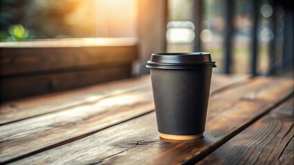 A dark disposable cup sits on a rustic wooden surface, bathed in warm sunlight filtering through an unseen window, suggesting a tranquil outdoor cafe setting.