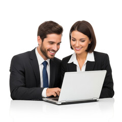 Obraz premium Smiling business people working together on a laptop isolated on transparent background