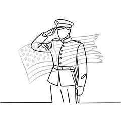 Soldier saluting in front of american flag line art
