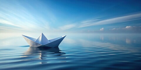 A solitary origami boat floats serenely on a calm, tranquil body of water under a vast, clear sky, symbolizing dreams, hope, and the journey ahead.