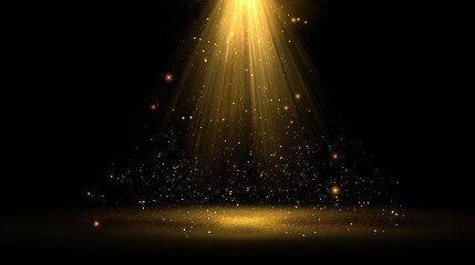 Golden Spotlight with Sparkling Particles on Black Background for Dramatic Effects and Elegant Design