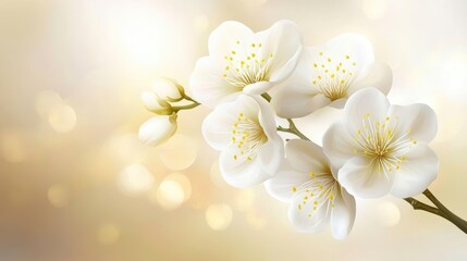 Close-up of delicate white flowers on a branch against a soft, bokeh background.
