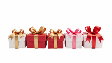 Colorful gift boxes with ribbons arranged in row, perfect for celebrations and special occasions. vibrant colors add festive touch