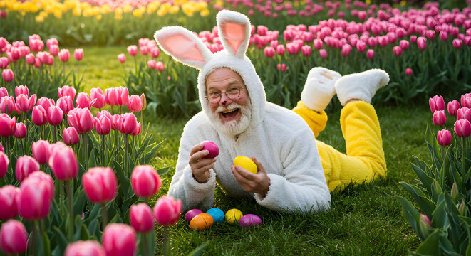 Happy Easter! A joyful senior man in a bunny costume enjoys a spring day amongst colorful tulips, playfully holding Easter eggs.