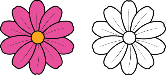 Pink Cosmos Flower and Outline on White Background yellow center