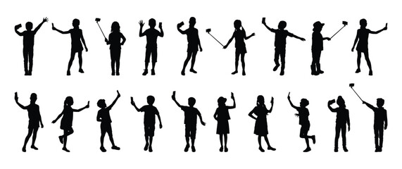 Kids with smartphone in different poses vector isolated silhouette set on white background. Children taking selfie various poses vector black silhouettes.