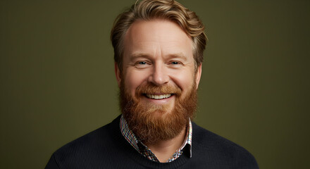 Fototapeta premium Happy redhead man smiling broadly, a joyful and friendly portrait for your business needs, perfect for advertising or marketing campaigns.