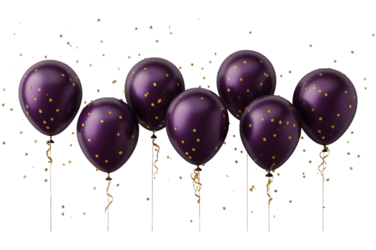 3D realistic dark purple balloons with confetti and gold glitter, celebration party greeting card design isolated on a transparent background in PNG format.