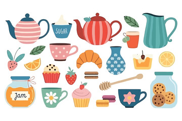 Colorful Tea Party Still Life with Teapots Cups and Sweet Treats Illustration of a whimsical tea party with a delightful assortment of treats