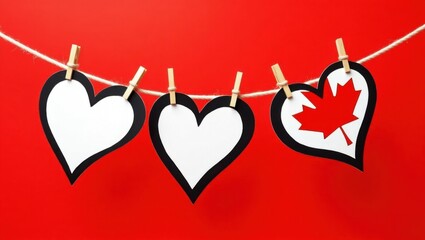 Three Hearts Hanging On A Clothesline With Red Background Showing Canada Day Spirit