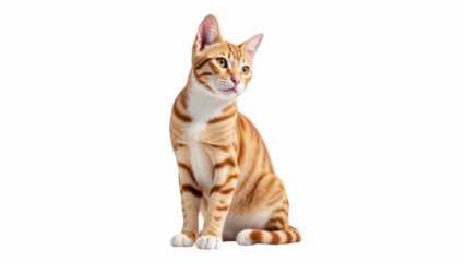 Beautiful orange tabby cat with striking stripes and bright green eyes sits gracefully, exuding sense of calm and curiosity