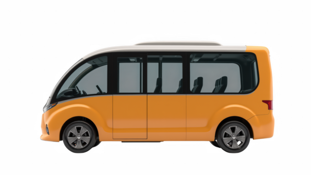 Innovative orange electric minibus with sleek design, spacious interior, and modern features, ideal for urban transportation