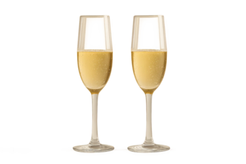Two full champagne glass pair standing still on transparent background