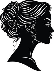 Elegant woman silhouette, intricate hairstyle, artistic design, feminine profile, black and white illustration, fashion concept, graceful beauty vector, stylish artwork