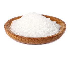 Fine white sugar in a wooden bowl with a clean white background for culinary use and display