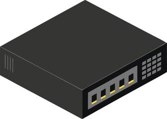 Isometric view of a small black network switch