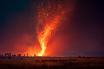 Obraz premium Massive Fire Whirl Rising from Dry Grassland During Intense Wildfire