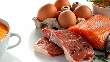 Arrangement of fresh salmon, cut fish, eggs, and herbs highlighting nutritious ingredients for cooking healthy dishes