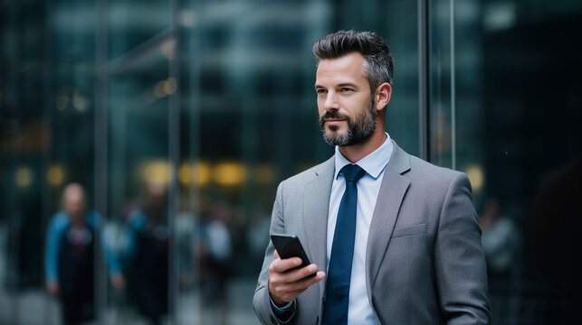 Professional Man in Suit Holding Smartphone in Modern Business District