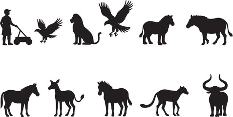 A vector illustration collection of various running wild and farm animal silhouettes, including a horse, dog, cat, deer, elephant, and tiger