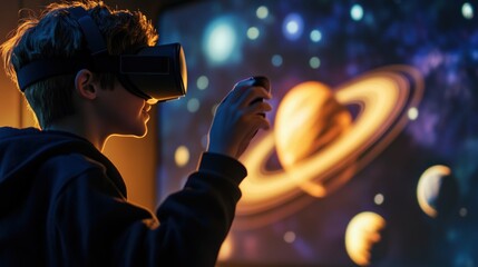 Young person wearing virtual reality headset, exploring a digital space simulation.