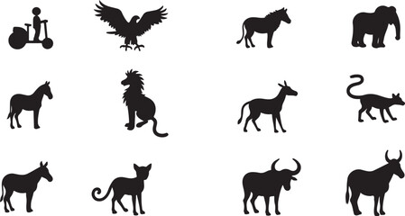 Vector illustration set of running wild and farm animal silhouettes including a horse, dog, cat, cow, elephant, deer, tiger, giraffe, and sheep