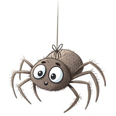 Cartoon spider hanging from a thread, playfully waiting to capture its next snack in a whimsical setting