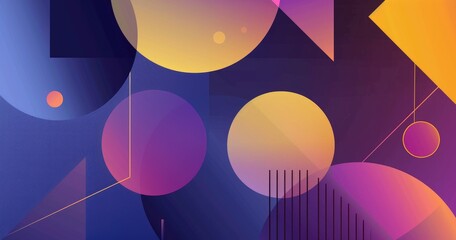 A vibrant abstract design featuring geometric shapes and gradients in purple and orange hues.