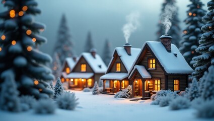Cozy Snow-Covered Cabins Bathed in Warm Holiday Lights