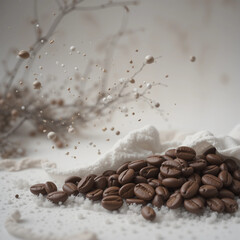 Coffee beans with decorative elements on a soft background for culinary and beverage photography