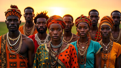 Proud African Tribe in Traditional Attire at Sunset Cultural Heritage Portrait