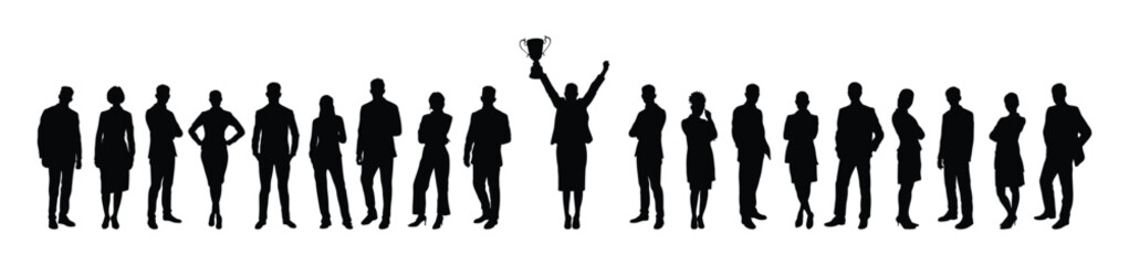 Diverse and confident group of business people poses together in row with businesswoman holding trophy raising arms success silhouettes
